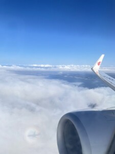 中国国際航空の機体から見た雲海と青空。雲に飛行機の影が映るブロッケン現象が見える。