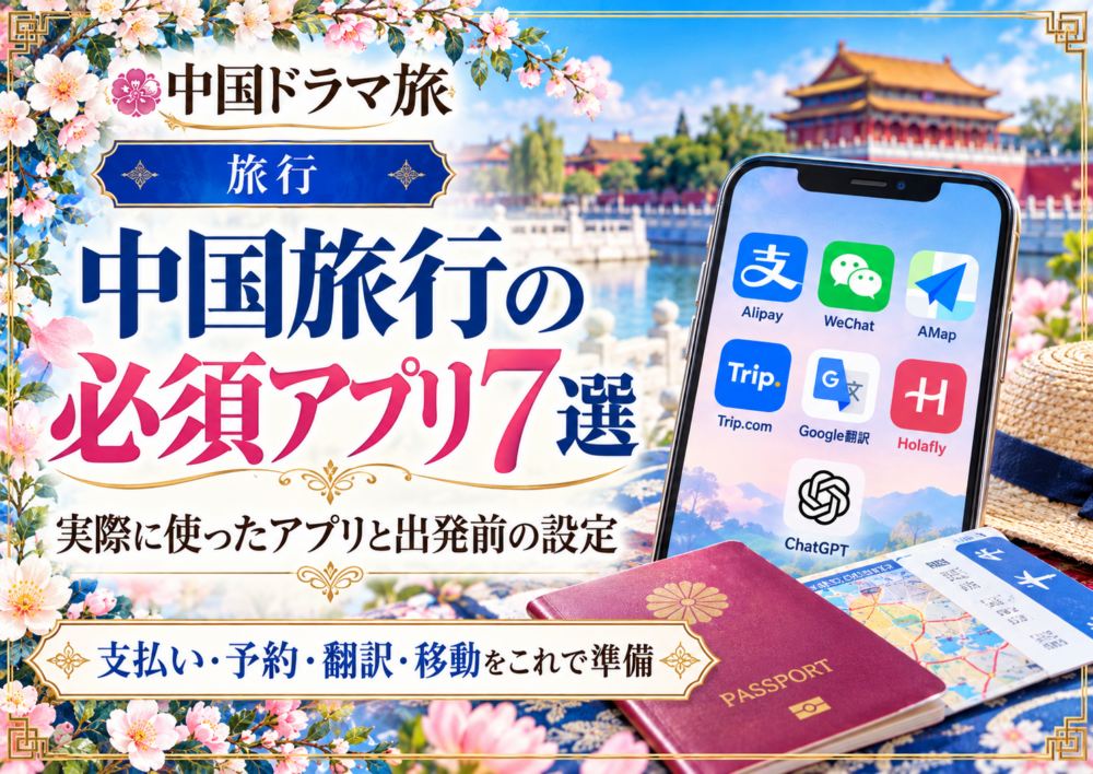 中国旅行の必須アプリ7選。Alipay、WeChat、AMap、Trip.com、Google翻訳、Holafly、ChatGPTを紹介するアイキャッチ画像