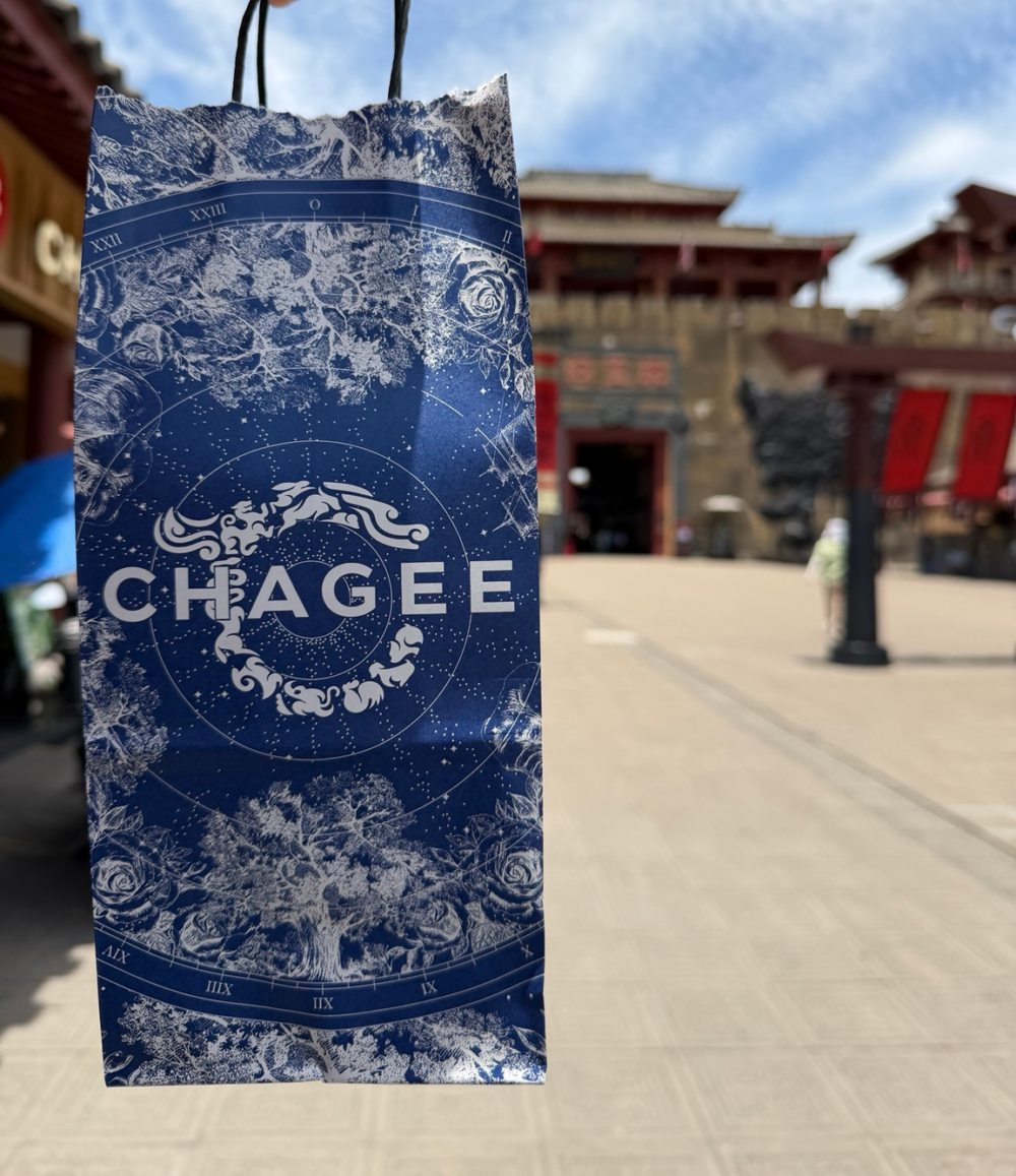 横店の秦王宮を背景に、CHAGEEの青い紙袋を手に持った写真
